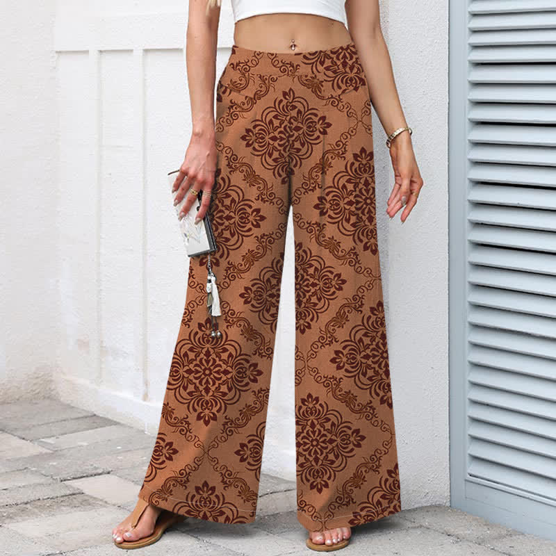 Buddha Stones Pantalon large à taille élastique et poches pour femme, en coton et lin, motif floral baroque - image 9
