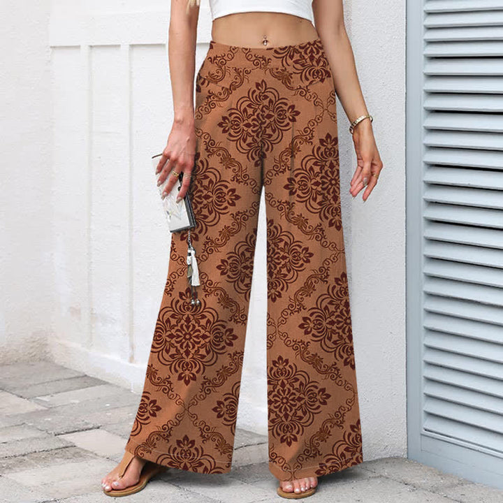 Buddha Stones Pantalon large à taille élastique et poches pour femme, en coton et lin, motif floral baroque - image 9