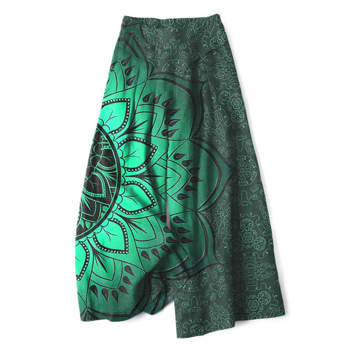 Buddha Stones Pantalon large à taille élastique et poches pour femme, en coton et lin, motif mandala - image 0