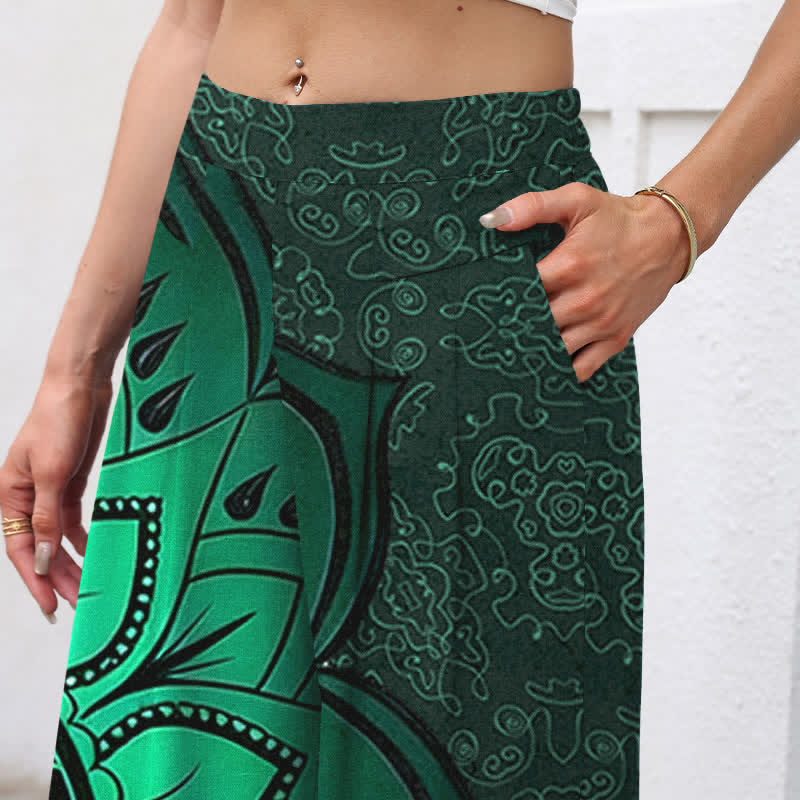 Buddha Stones Pantalon large à taille élastique et poches pour femme, en coton et lin, motif mandala - Vert foncé - US16，UK/AU20，EU48 (3XL) - image 2