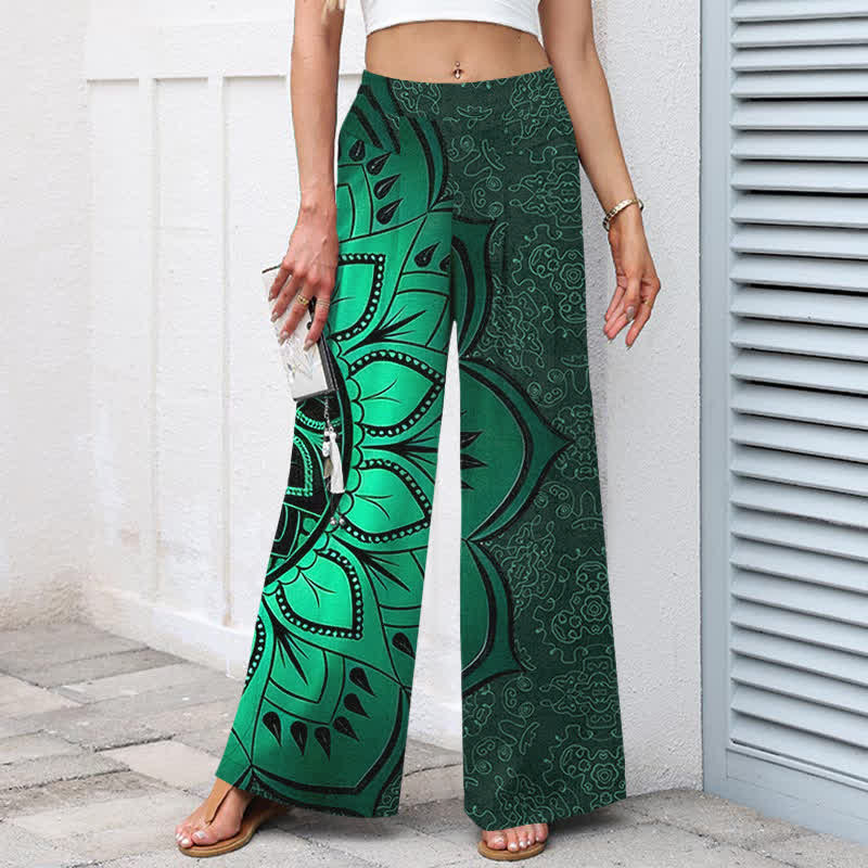 Buddha Stones Pantalon large à taille élastique et poches pour femme, en coton et lin, motif mandala - image 1