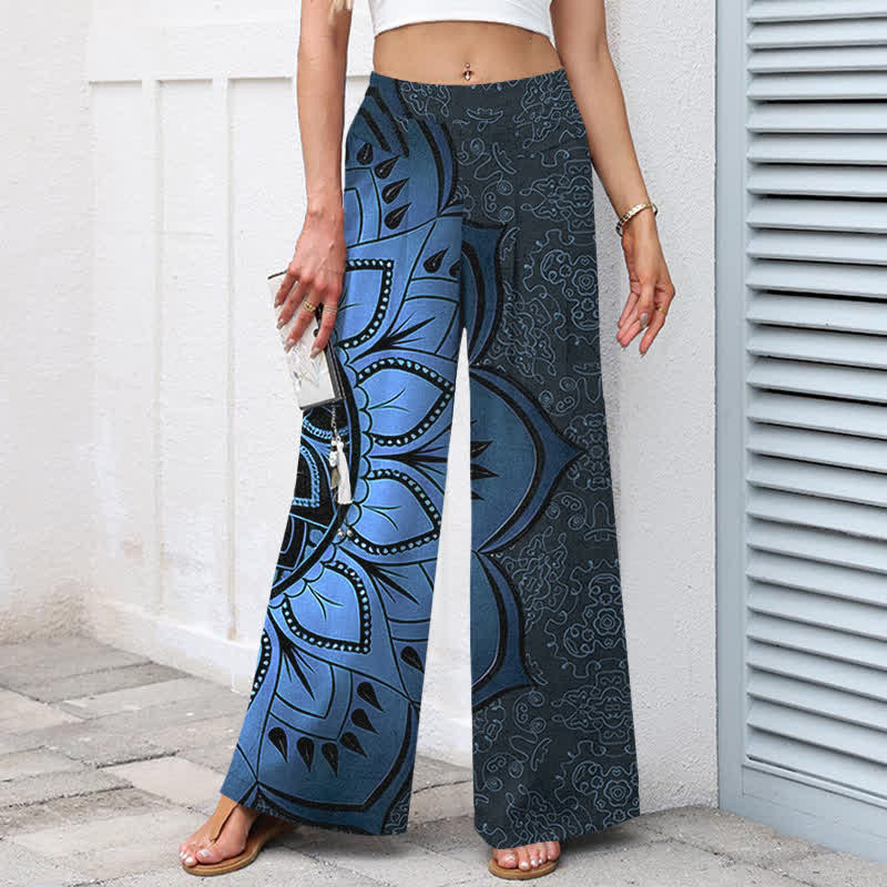 Buddha Stones Pantalon large à taille élastique et poches pour femme, en coton et lin, motif mandala - image 6