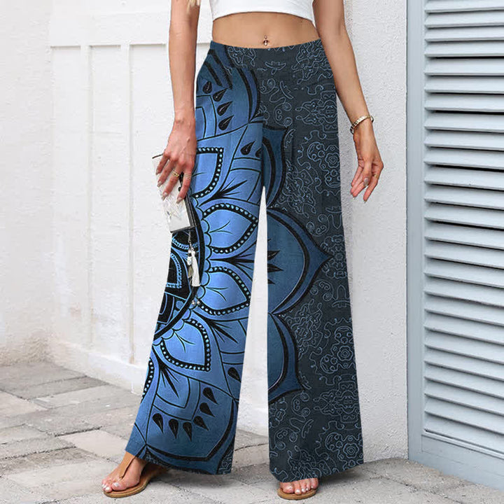 Buddha Stones Pantalon large à taille élastique et poches pour femme, en coton et lin, motif mandala - image 6