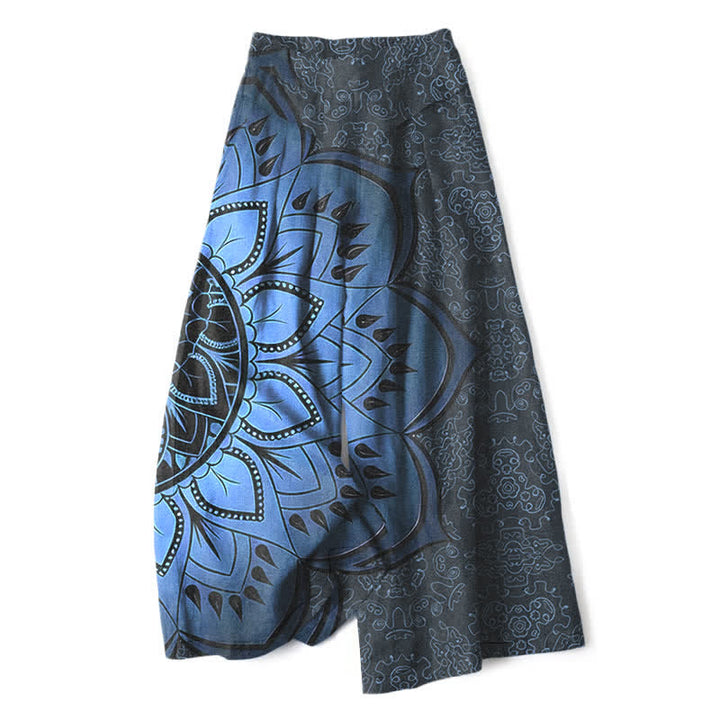 Buddha Stones Pantalon large à taille élastique et poches pour femme, en coton et lin, motif mandala - Bleu nuit - US16，UK/AU20，EU48 (3XL) - image 5