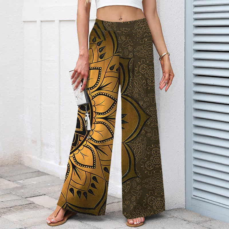Buddha Stones Pantalon large à taille élastique et poches pour femme, en coton et lin, motif mandala - image 11