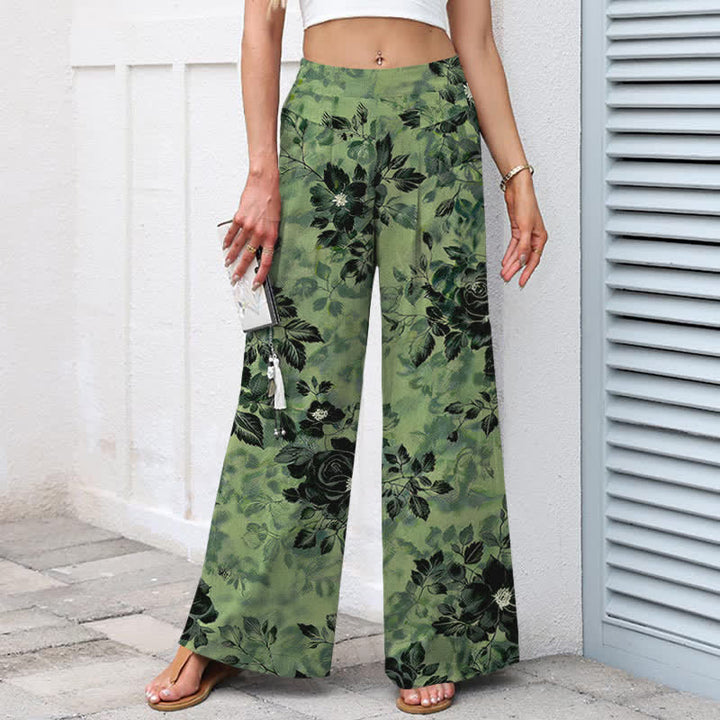Buddha Stones Pantalon large à taille élastique et poches pour femme, en coton et lin à motif floral - image 1