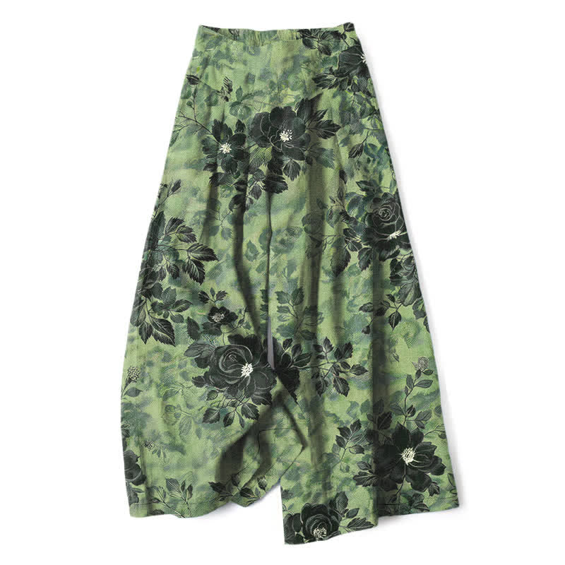 Buddha Stones Pantalon large à taille élastique et poches pour femme, en coton et lin à motif floral - Vert olive - US16，UK/AU20，EU48 (3XL) - image 0