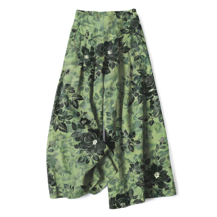 Buddha Stones Pantalon large à taille élastique et poches pour femme, en coton et lin à motif floral - Vert olive - US16，UK/AU20，EU48 (3XL) - image 0