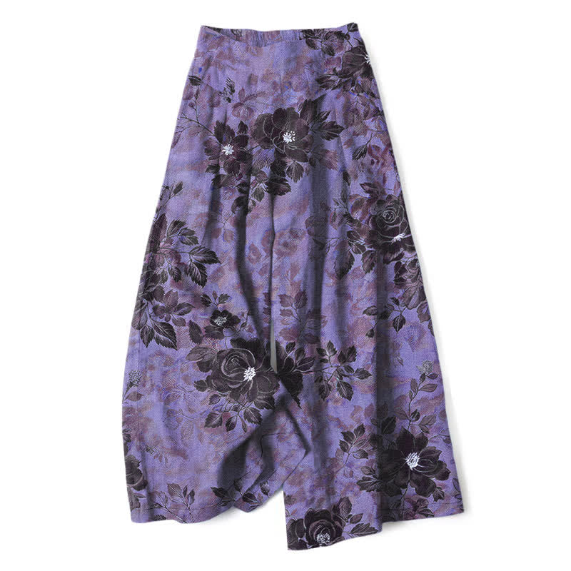 Buddha Stones Pantalon large à taille élastique et poches pour femme, en coton et lin à motif floral - Violet moyen - US16，UK/AU20，EU48 (3XL) - image 4