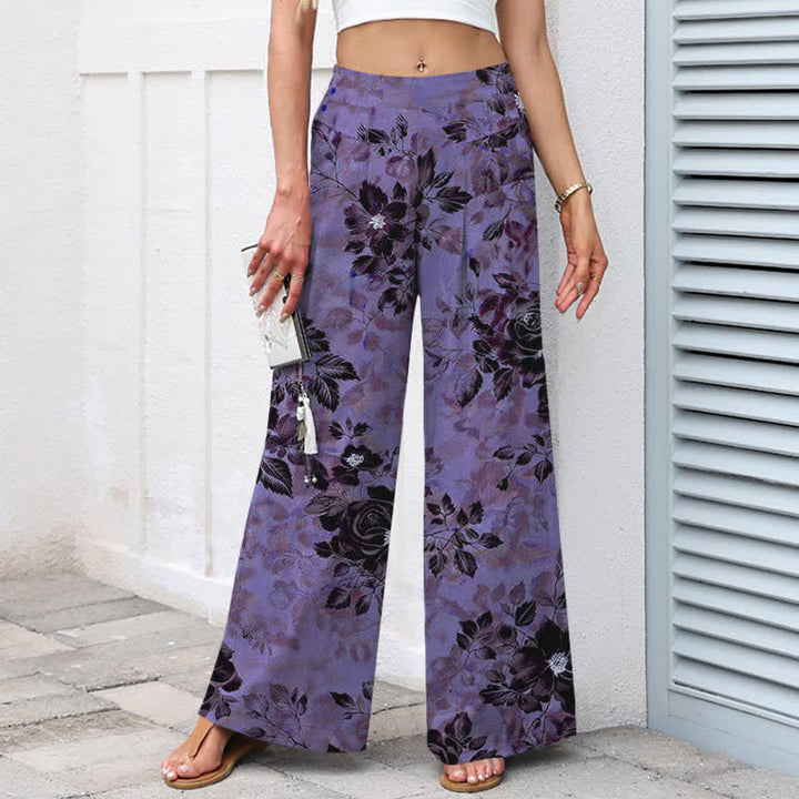 Buddha Stones Pantalon large à taille élastique et poches pour femme, en coton et lin à motif floral - image 5
