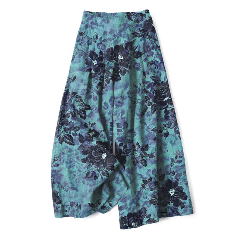 Buddha Stones Pantalon large à taille élastique et poches pour femme, en coton et lin à motif floral - Turquoise foncé - US16，UK/AU20，EU48 (3XL) - image 8