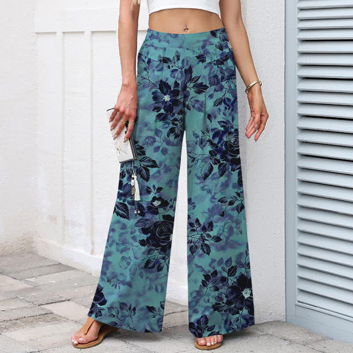 Buddha Stones Pantalon large à taille élastique et poches pour femme, en coton et lin à motif floral - image 9