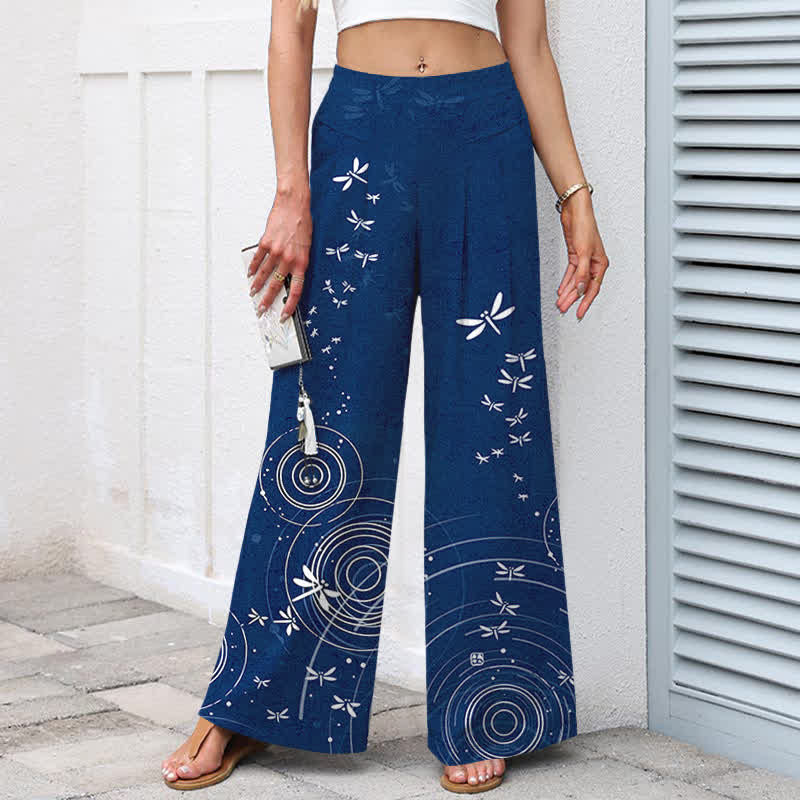 Buddha Stones Pantalon large à taille élastique et poches pour femme, en coton et lin, motif libellule ondulée - image 1