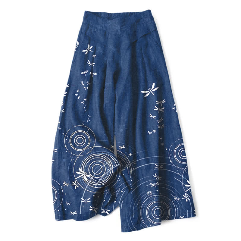 Buddha Stones Pantalon large à taille élastique et poches pour femme, en coton et lin, motif libellule ondulée - Marine - US16，UK/AU20，EU48 (3XL) - image 0