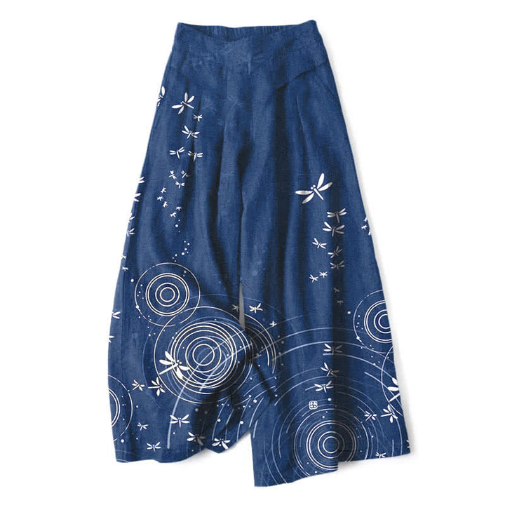 Buddha Stones Pantalon large à taille élastique et poches pour femme, en coton et lin, motif libellule ondulée - Marine - US16，UK/AU20，EU48 (3XL) - image 0