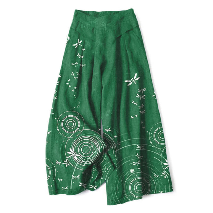 Buddha Stones Pantalon large à taille élastique et poches pour femme, en coton et lin, motif libellule ondulée - Vert forêt - US16，UK/AU20，EU48 (3XL) - image 4