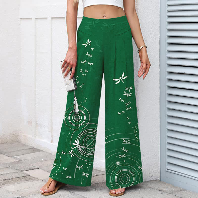 Buddha Stones Pantalon large à taille élastique et poches pour femme, en coton et lin, motif libellule ondulée - image 5