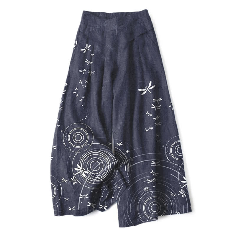 Buddha Stones Pantalon large à taille élastique et poches pour femme, en coton et lin, motif libellule ondulée - Gris ardoise - US16，UK/AU20，EU48 (3XL) - image 8