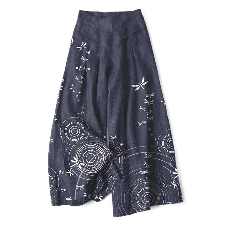 Buddha Stones Pantalon large à taille élastique et poches pour femme, en coton et lin, motif libellule ondulée - Gris ardoise - US16，UK/AU20，EU48 (3XL) - image 8