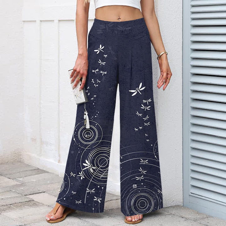 Buddha Stones Pantalon large à taille élastique et poches pour femme, en coton et lin, motif libellule ondulée - image 9