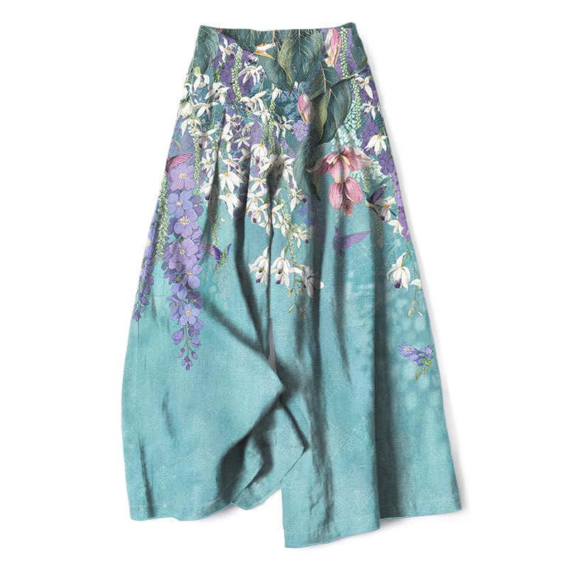 Buddha Stones Pantalon large à taille élastique et poches pour femme, en coton et lin, motif floral bohème - Turquoise - US16，UK/AU20，EU48 (3XL) - image 0