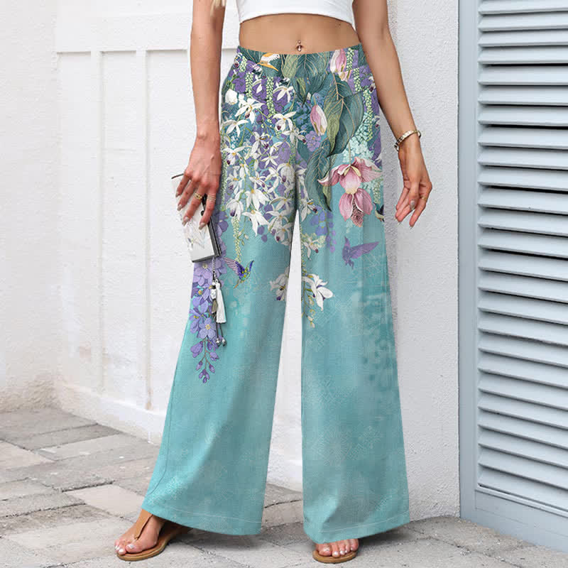 Buddha Stones Pantalon large à taille élastique et poches pour femme, en coton et lin, motif floral bohème - image 1