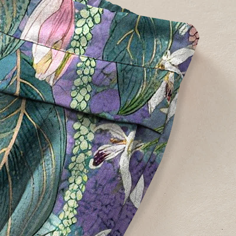 Buddha Stones Pantalon large à taille élastique et poches pour femme, en coton et lin, motif floral bohème - image 2