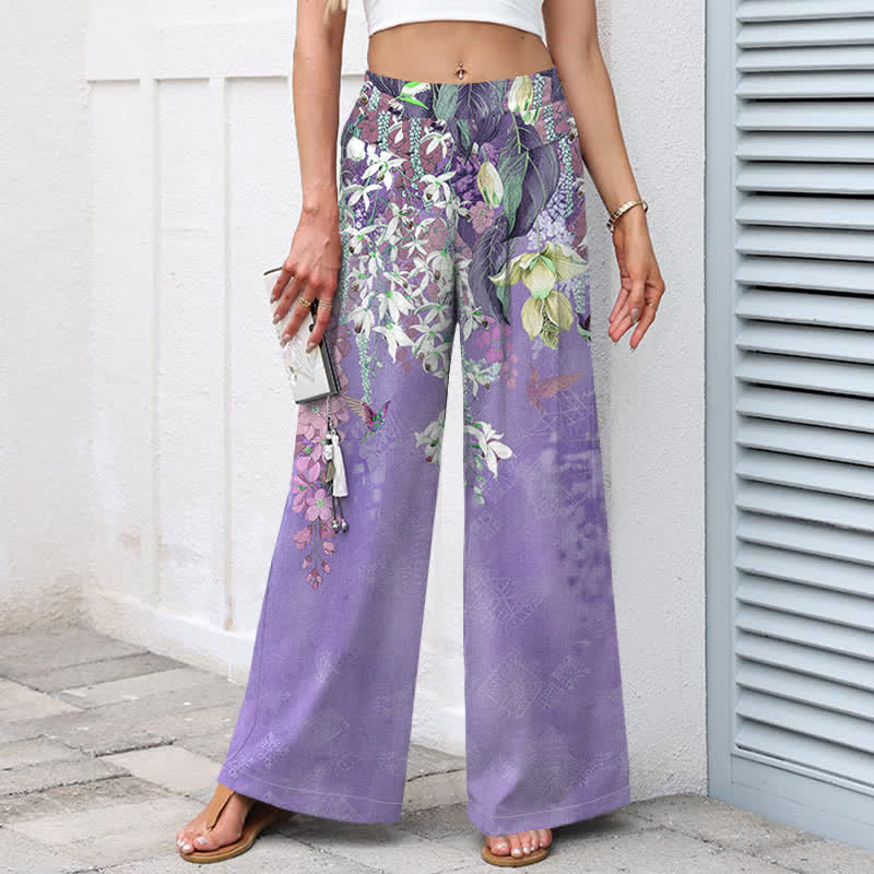Buddha Stones Pantalon large à taille élastique et poches pour femme, en coton et lin, motif floral bohème - image 5