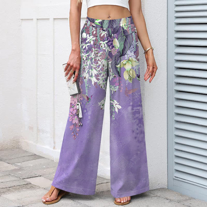 Buddha Stones Pantalon large à taille élastique et poches pour femme, en coton et lin, motif floral bohème - image 5