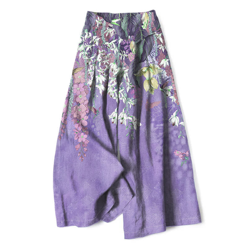 Buddha Stones Pantalon large à taille élastique et poches pour femme, en coton et lin, motif floral bohème - Violet moyen - US16，UK/AU20，EU48 (3XL) - image 4
