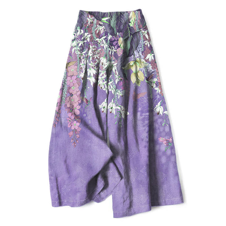 Buddha Stones Pantalon large à taille élastique et poches pour femme, en coton et lin, motif floral bohème - Violet moyen - US16，UK/AU20，EU48 (3XL) - image 4