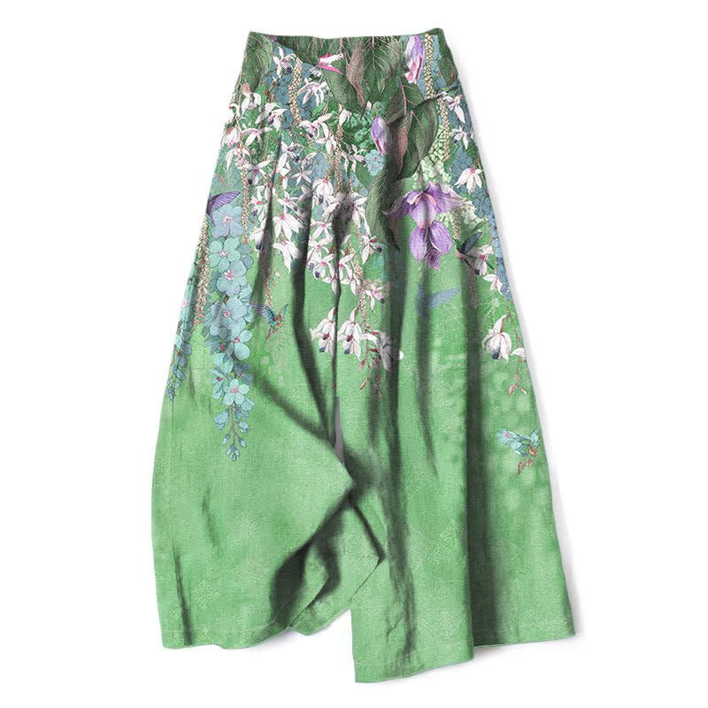 Buddha Stones Pantalon large à taille élastique et poches pour femme, en coton et lin, motif floral bohème - Vert clair - US16，UK/AU20，EU48 (3XL) - image 8