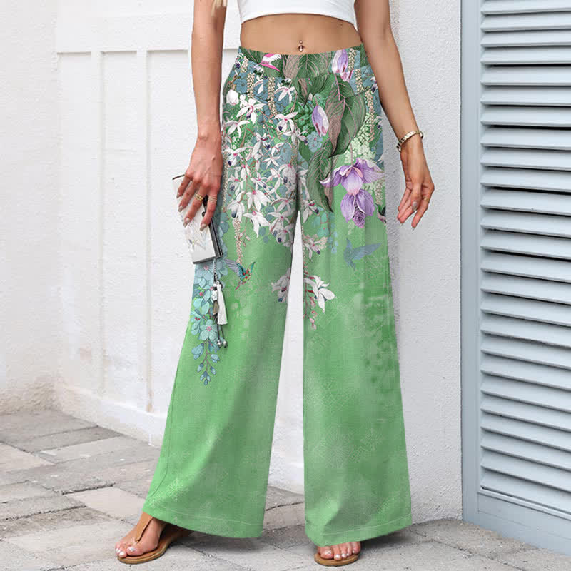Buddha Stones Pantalon large à taille élastique et poches pour femme, en coton et lin, motif floral bohème - image 9
