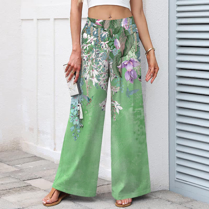 Buddha Stones Pantalon large à taille élastique et poches pour femme, en coton et lin, motif floral bohème - image 9