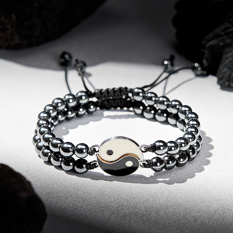 Buddha Stones Bracelet de soutien Yin Yang en hématite, pierre de lave givrée et roche de lave - Hématite (Tour de poignet : 17-27 cm) - image 0