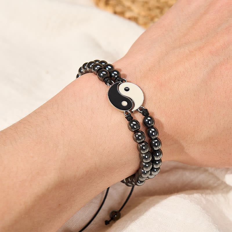 Buddha Stones Bracelet de soutien Yin Yang en hématite, pierre de lave givrée et roche de lave - image 2