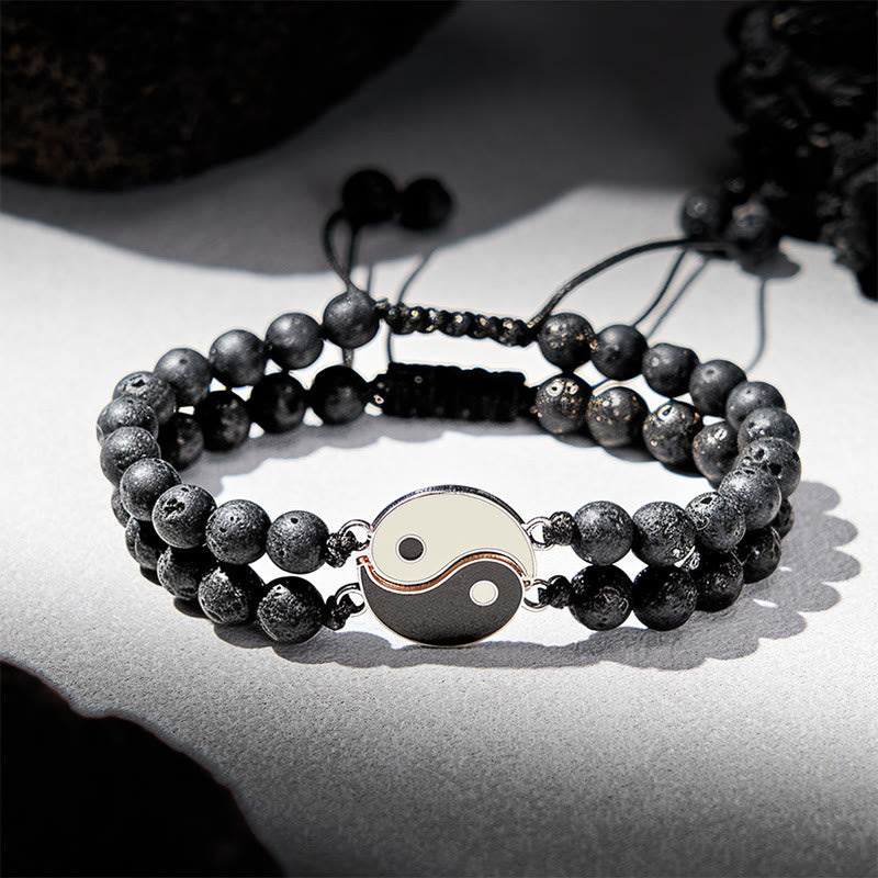 Buddha Stones Bracelet de soutien Yin Yang en hématite, pierre de lave givrée et roche de lave - Pierre de lave (Tour de poignet : 17-27 cm) - image 12