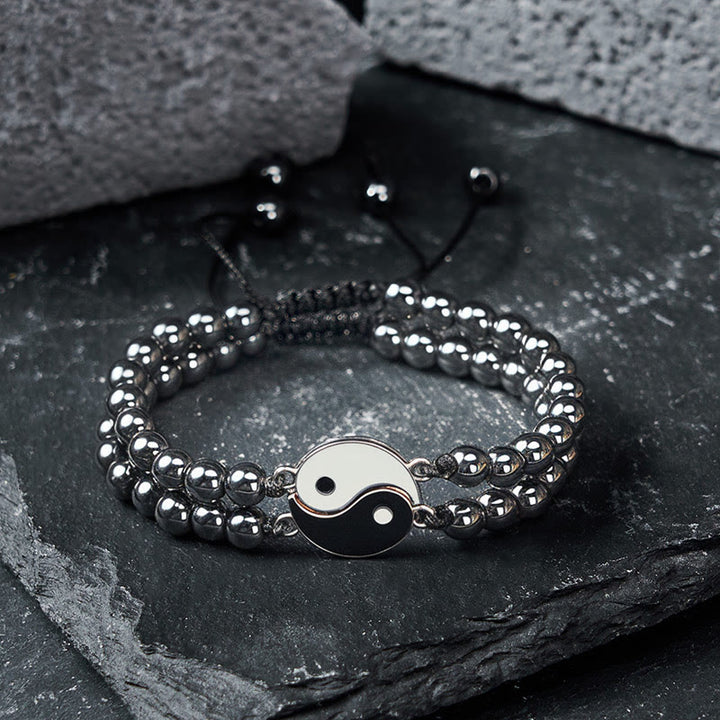 Buddha Stones Bracelet de soutien Yin Yang en hématite, pierre de lave givrée et roche de lave - image 1