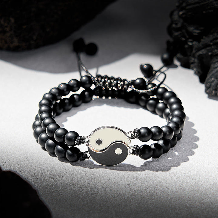 Buddha Stones Bracelet de soutien Yin Yang en hématite, pierre de lave givrée et roche de lave - Pierre givrée (Tour de poignet : 17-27 cm) - image 7