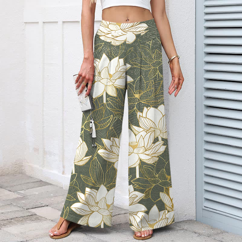 Buddha Stones Pantalon large en coton et lin à motif de lotus en fleurs pour femme, taille élastique et poches - image 1