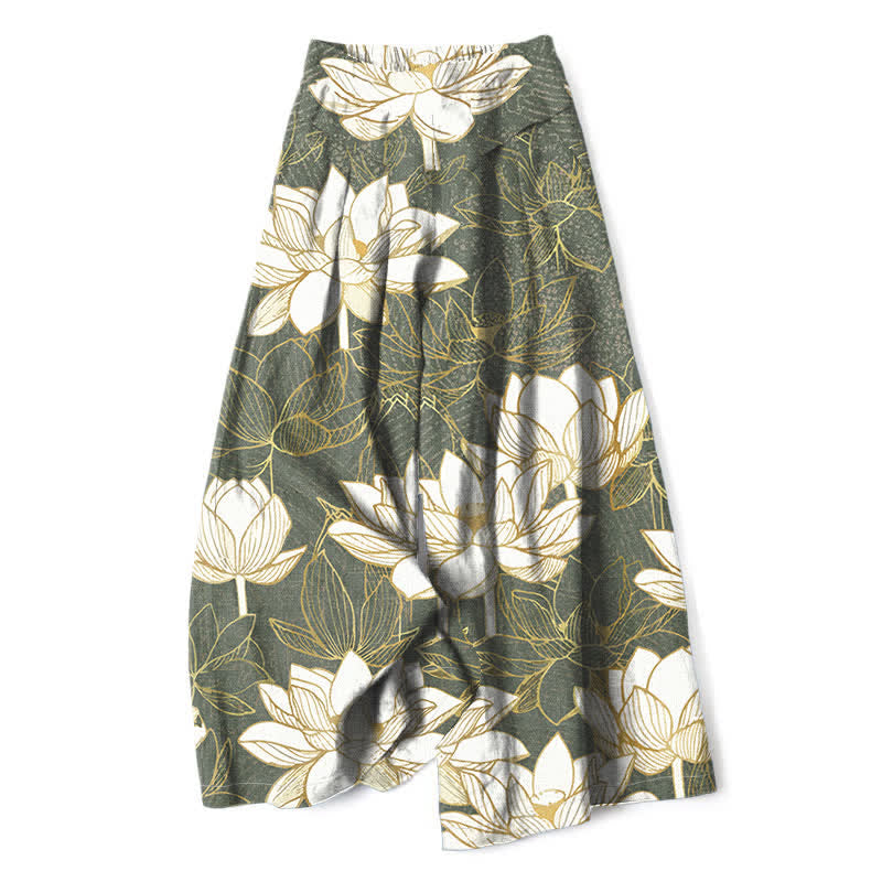 Buddha Stones Pantalon large en coton et lin à motif de lotus en fleurs pour femme, taille élastique et poches - Vert foncé - US16，UK/AU20，EU48 (3XL) - image 0