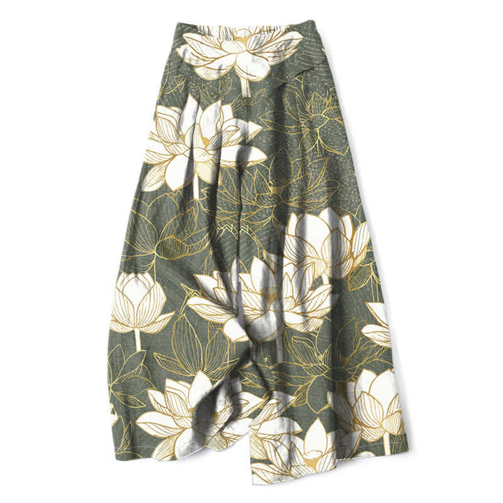 Buddha Stones Pantalon large en coton et lin à motif de lotus en fleurs pour femme, taille élastique et poches - Vert foncé - US16，UK/AU20，EU48 (3XL) - image 0