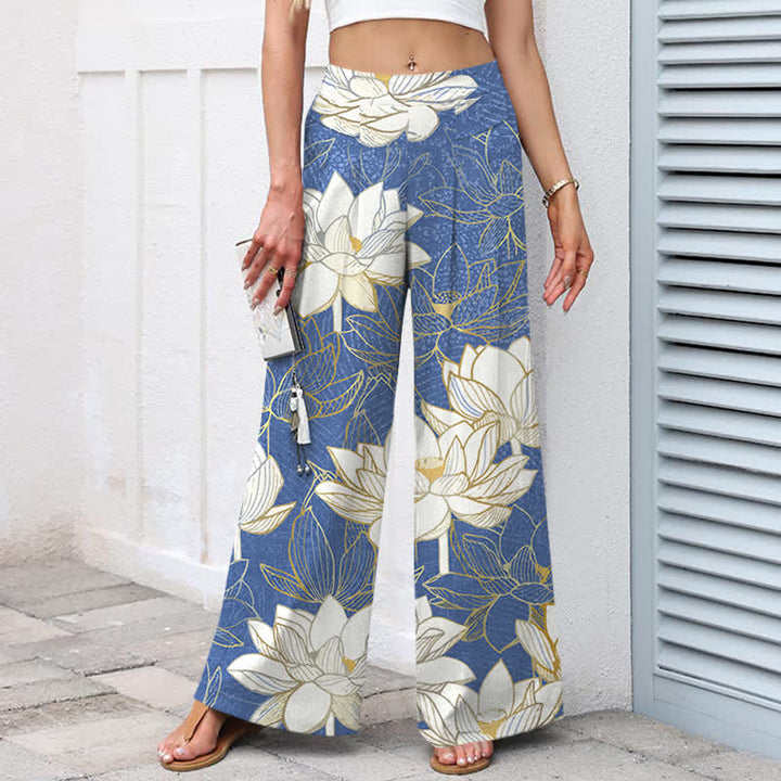 Buddha Stones Pantalon large en coton et lin à motif de lotus en fleurs pour femme, taille élastique et poches - image 5