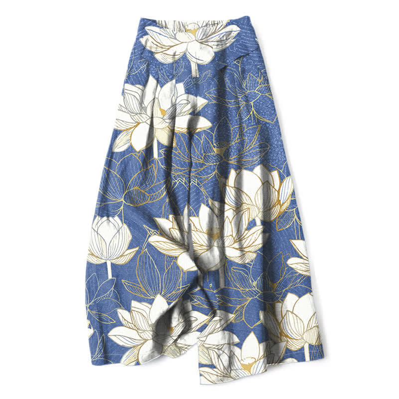 Buddha Stones Pantalon large en coton et lin à motif de lotus en fleurs pour femme, taille élastique et poches - Bleuet - US16，UK/AU20，EU48 (3XL) - image 4