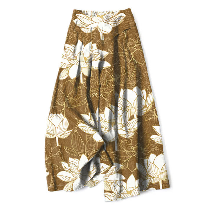 Buddha Stones Pantalon large en coton et lin à motif de lotus en fleurs pour femme, taille élastique et poches - Pérou - US16，UK/AU20，EU48 (3XL) - image 8