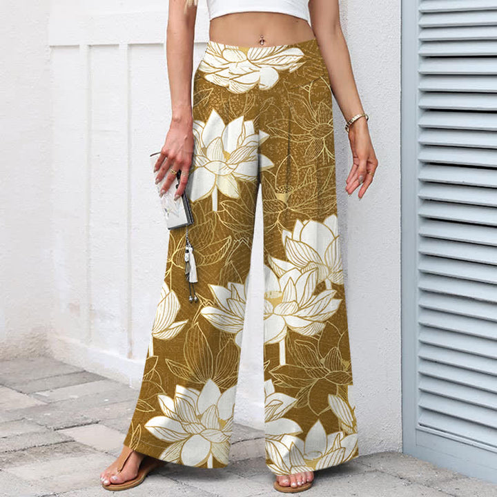 Buddha Stones Pantalon large en coton et lin à motif de lotus en fleurs pour femme, taille élastique et poches - image 9