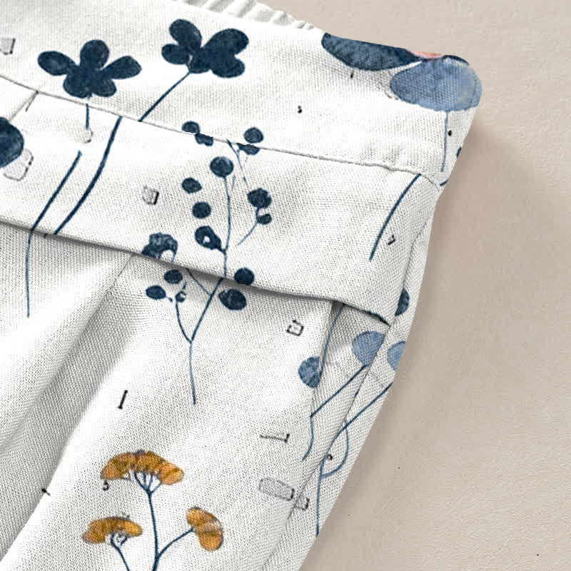 Buddha Stones Pantalon large à taille élastique et poches pour femme, en coton et lin à motif floral - image 1