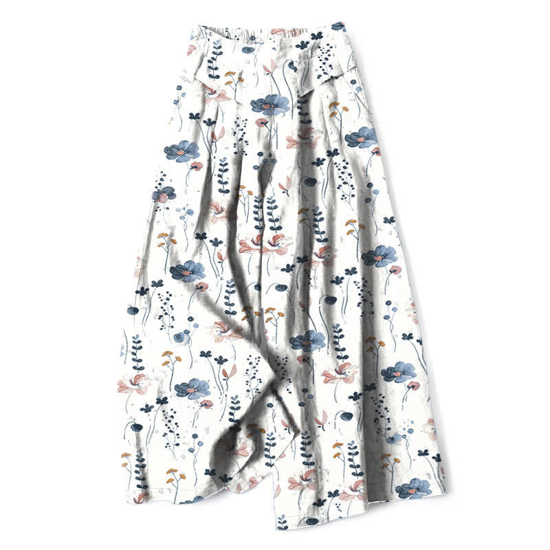 Buddha Stones Pantalon large à taille élastique et poches pour femme, en coton et lin à motif floral - Blanc - US16，UK/AU20，EU48 (3XL) - image 0