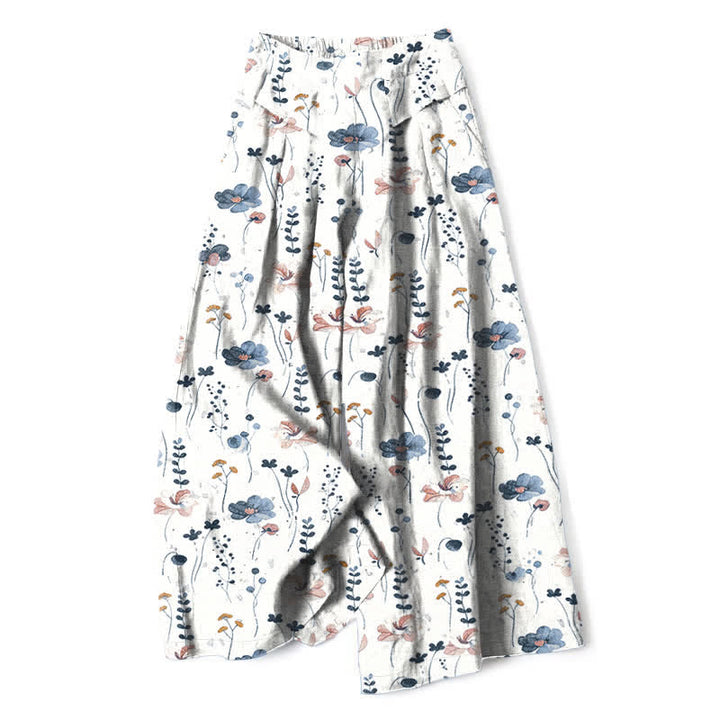 Buddha Stones Pantalon large à taille élastique et poches pour femme, en coton et lin à motif floral - Blanc - US16，UK/AU20，EU48 (3XL) - image 0