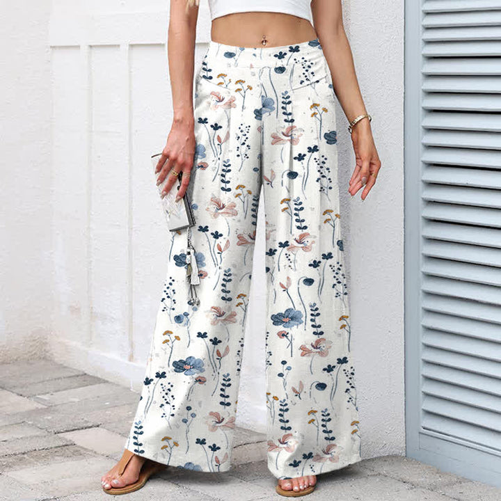 Buddha Stones Pantalon large à taille élastique et poches pour femme, en coton et lin à motif floral - image 2